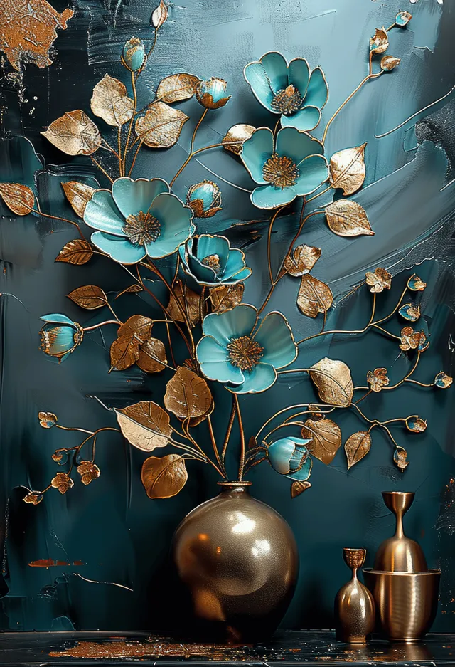 Turquoise flower wall art with gold leaves, reflective gold vase, and copper vessels on a dark textured background.