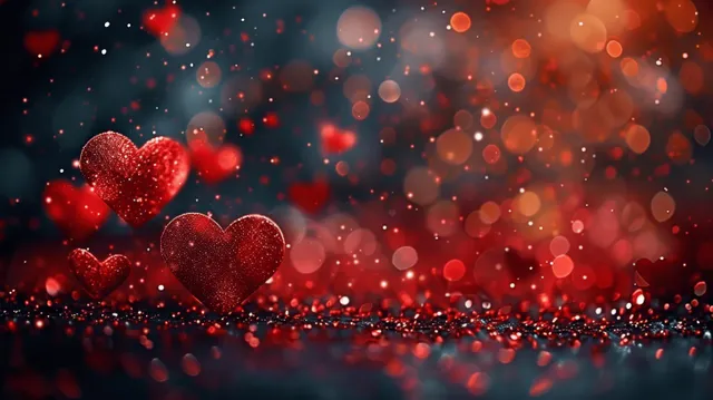Glittering red heart particles and confetti create a festive Valentine-themed background with warm bokeh on a dark backdrop.