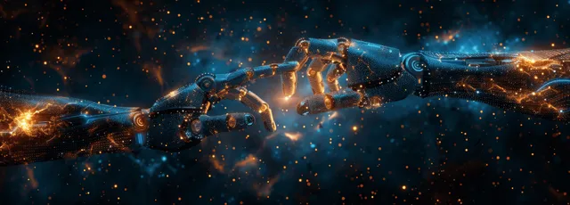 Futuristic robot hands connecting data streams across glowing digital network nodes