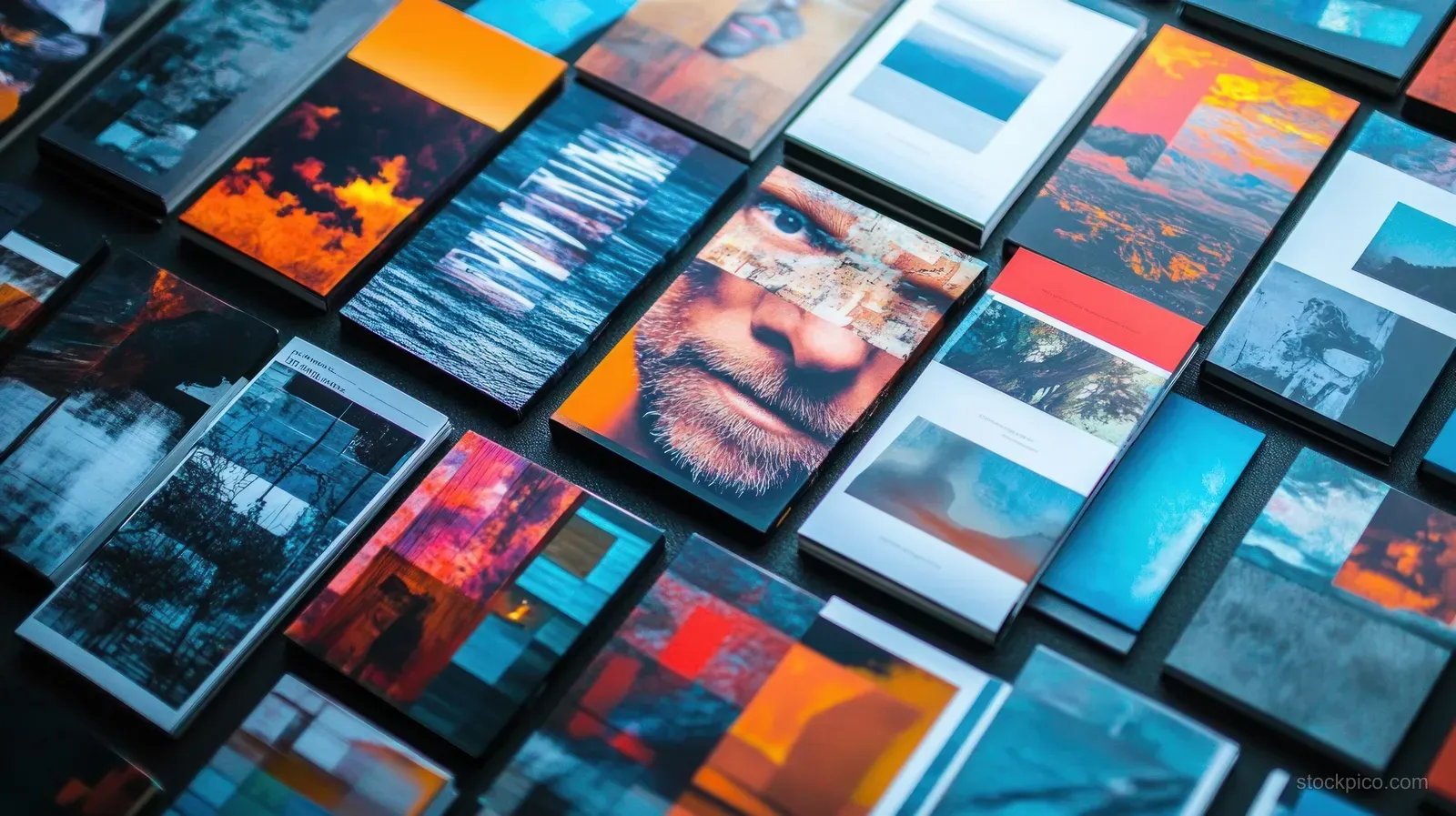 Colorful books and magazines are neatly stacked in rows with portrait, landscape, and abstract cover designs.