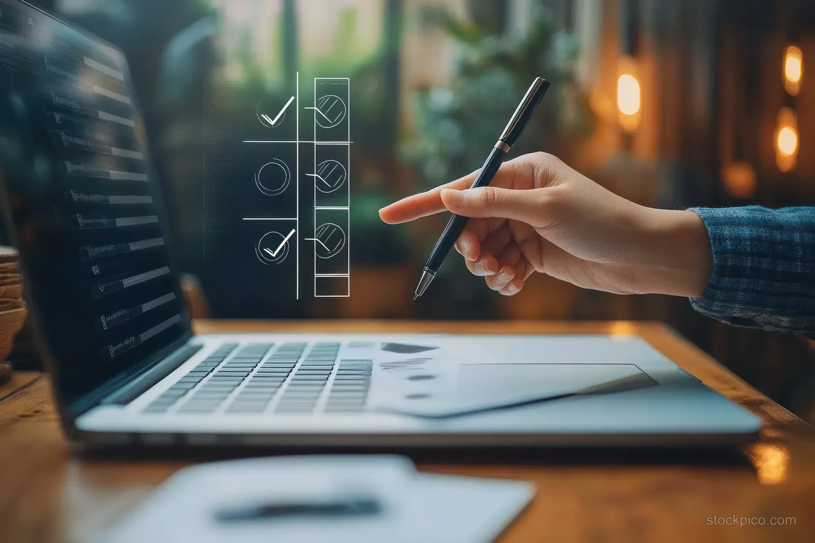 A hand holding a pen points at a laptop screen showing digital checklists and pie chart icons.