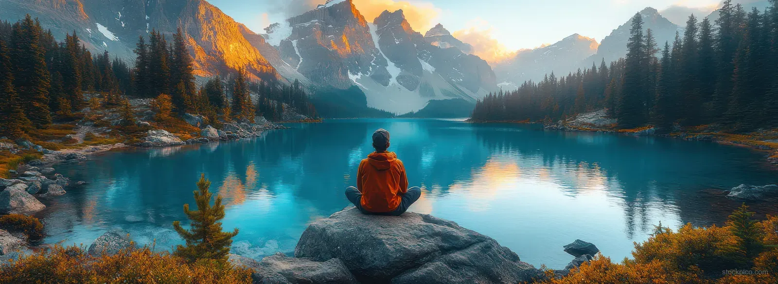 A hiker sits on a rock overlooking a turquoise lake and rocky mountains in dusk scenery.