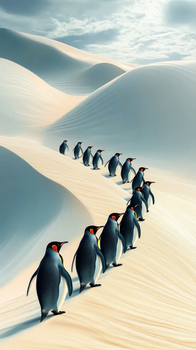 A line of penguins marches along smooth white sand dunes under an overcast sky.