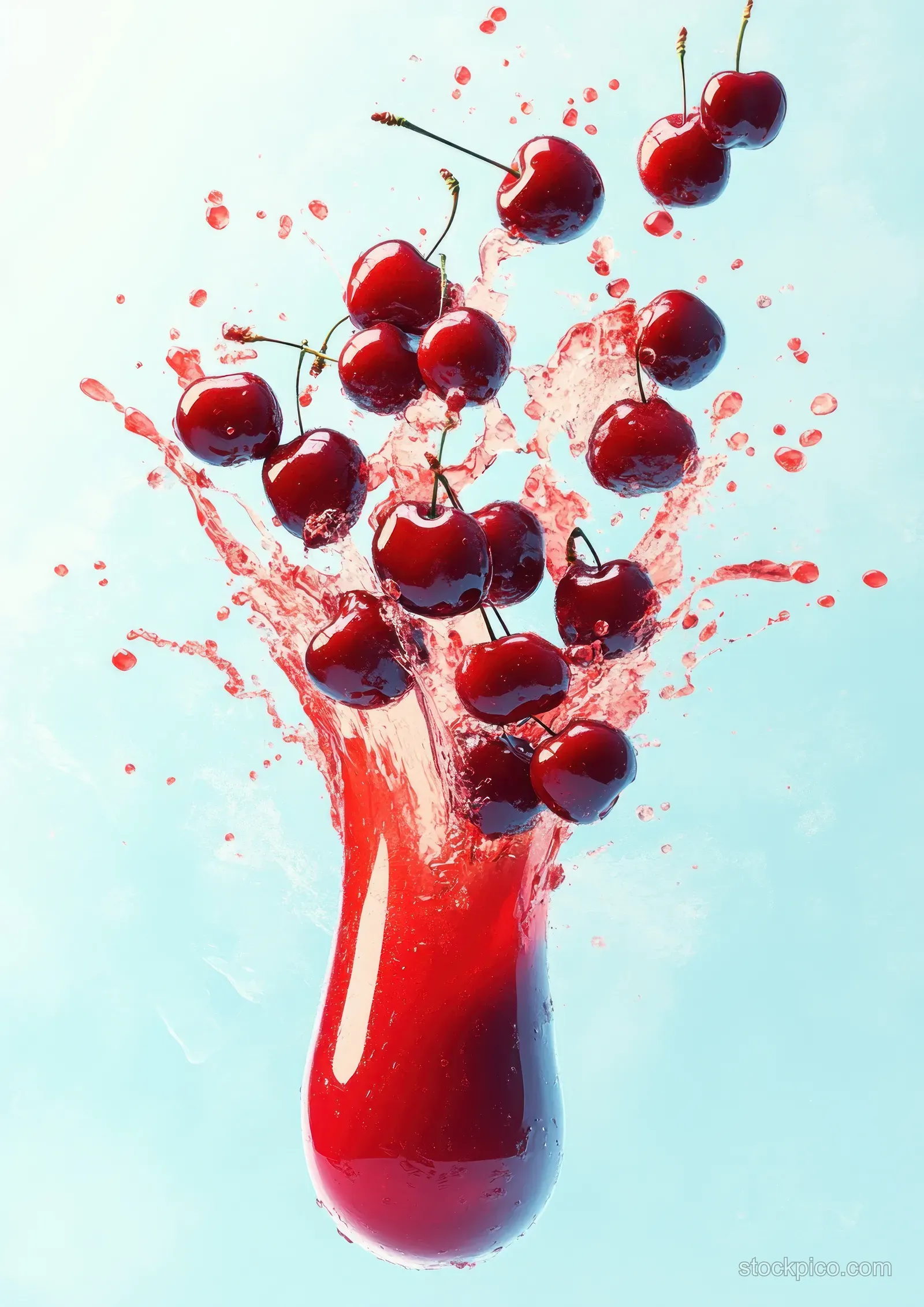 Cherry juice splashes from a glass with whole cherries and droplets on a light blue background.