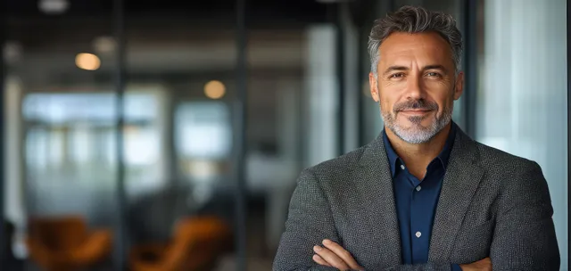 Confident smiling Hispanic senior businessman in modern office with crossed arms looking aside