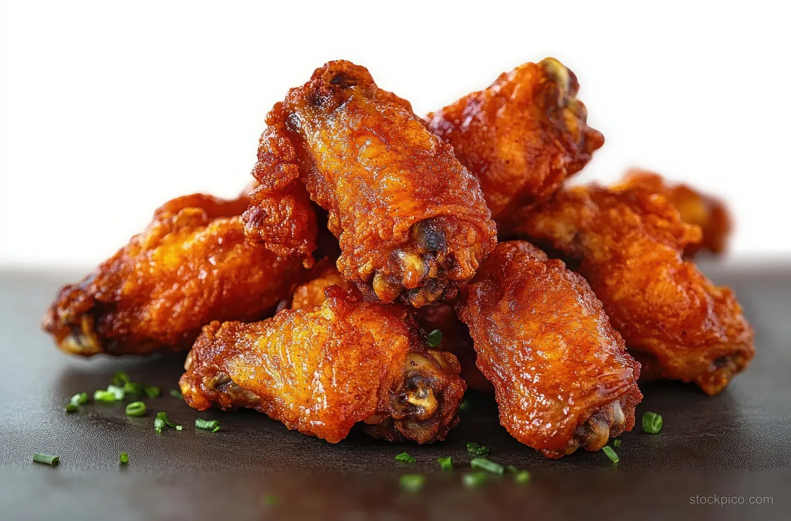 A pile of crispy golden fried chicken wings with small green herb pieces on a dark surface.