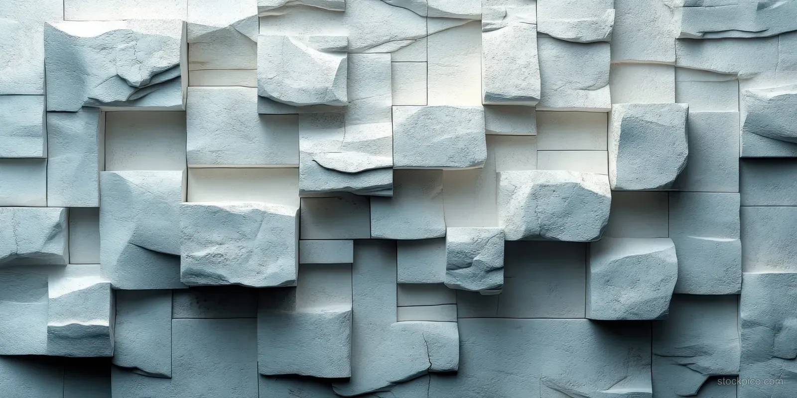 Layered white cube blocks form a textured wall surface with gray shadows and empty copy space.