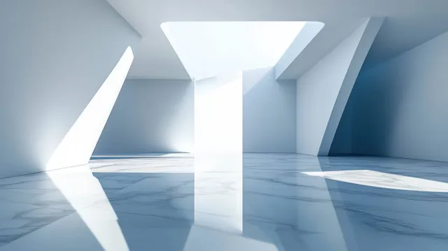 Empty minimalist room with glossy marble floor and angled skylights casting soft daylight reflections.