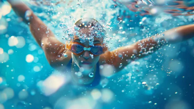 Female swimmer with goggles propels forward beneath splashing water and bubbles in a pool race.