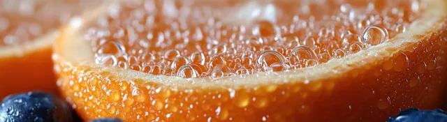 Macro close-up of a ripe orange half with glossy juicy pulp and small juice bubbles on a white background.