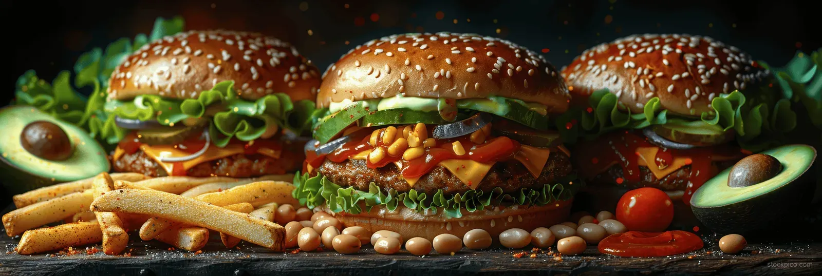 A neon-colored snake wraps around burgers and French fries on a dark background with glowing green accents.
