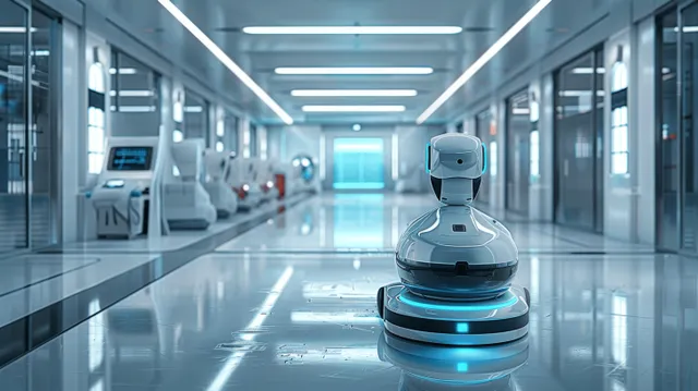 Robô futurista de limpeza varre o piso de um corredor de hospital com luzes azuis de LED e reflexos nas janelas.