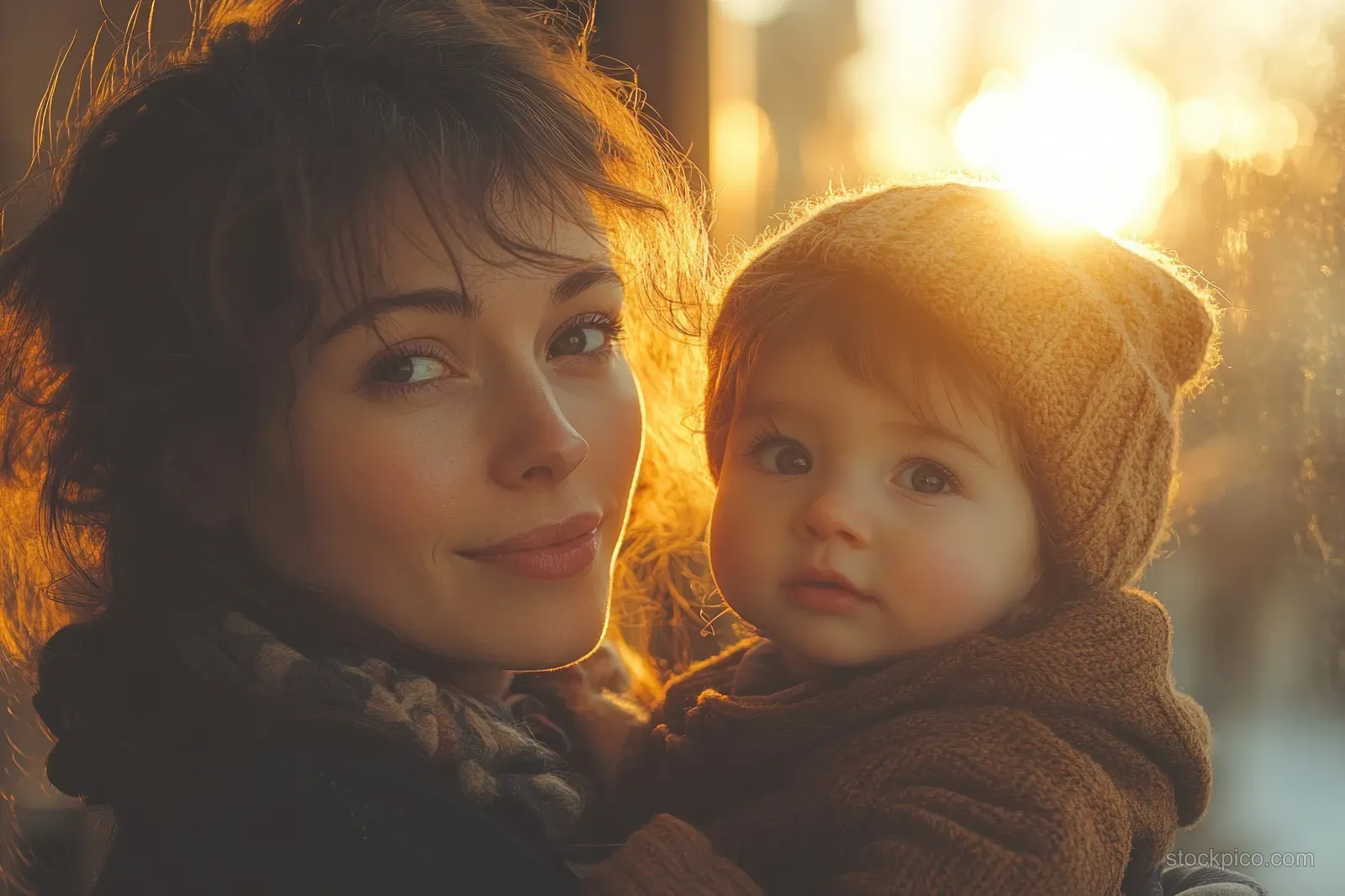 Mother holds her toddler close indoors as golden sunlight streams through a nearby window.