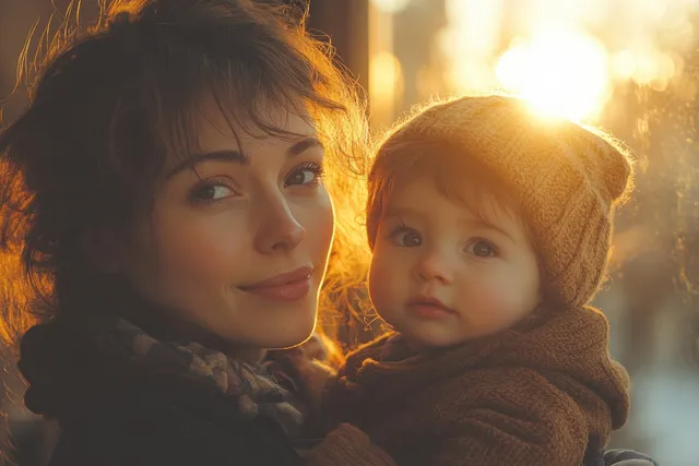 Mother holds toddler close by window, warm morning sunlight in a cozy home