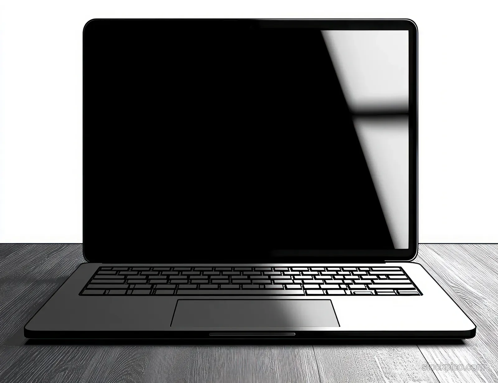 Black laptop on a wooden desk showing a blank, screen-off display with window light reflection.