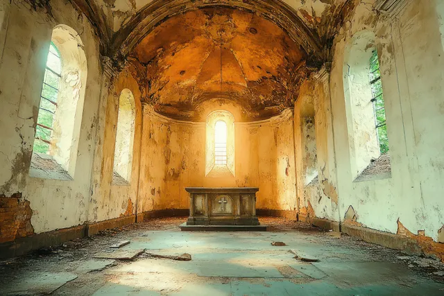 An empty abandoned chapel interior with a central altar lit by soft sunlight through tall arched windows.