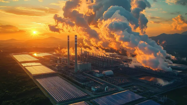 An industrial factory with multiple smokestacks emitting thick smoke beside solar panels at sunset.