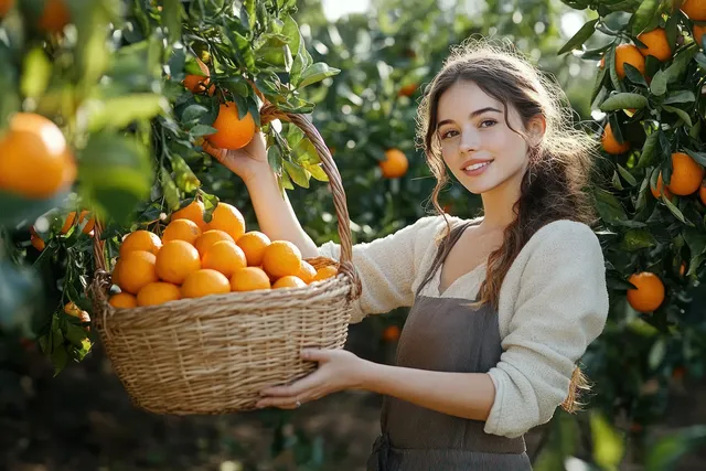A smiling young woman harvests ripe oranges while holding a wicker basket in a sunny orchard.
