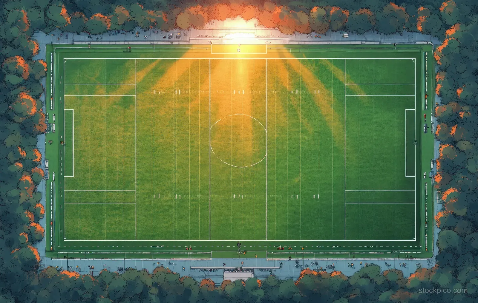 Aerial view of a rugby field with players near the goal posts and bright sun rays across green turf.