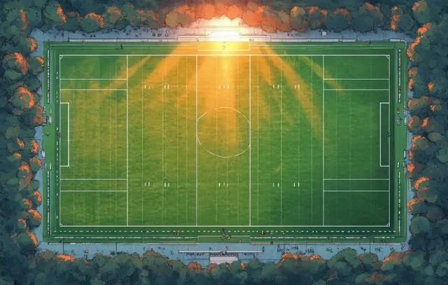 Aerial view of a colorful rugby pitch with players battling near the goal posts