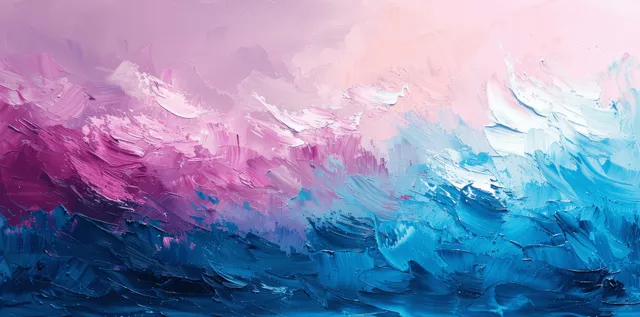 粉彩丙烯厚涂海景，厚重的蓝色和紫色海浪笔触下方是粉色与淡紫色天空。