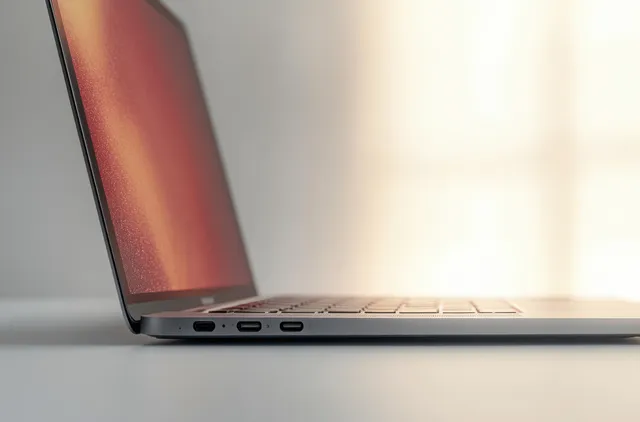 Sleek gray laptop keyboard edge with ports visible on bright minimalist desk