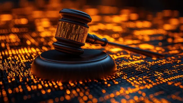 Wooden gavel over glowing digital circuit pattern with orange light, symbolizing law and technology