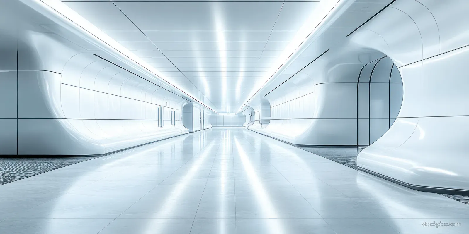 A minimalist futuristic corridor stretches into a glowing vanishing point with smooth curved walls.