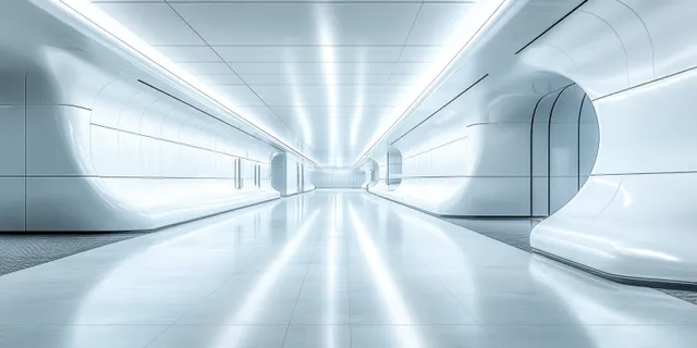 A minimalist futuristic corridor stretches into a glowing vanishing point with smooth curved walls.