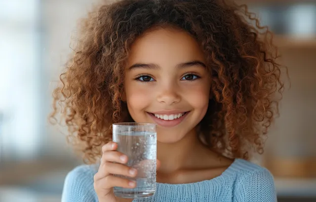 Smiling young girl with curly hair holding a glass of clear water indoors
