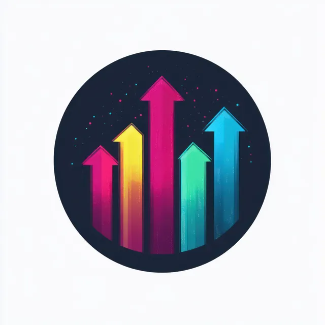 Colorful upward arrows rise inside a dark circle with gradient bars and subtle spark dots