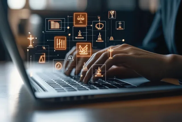 Hand using laptop with virtual law icons, scales and gavel overlay