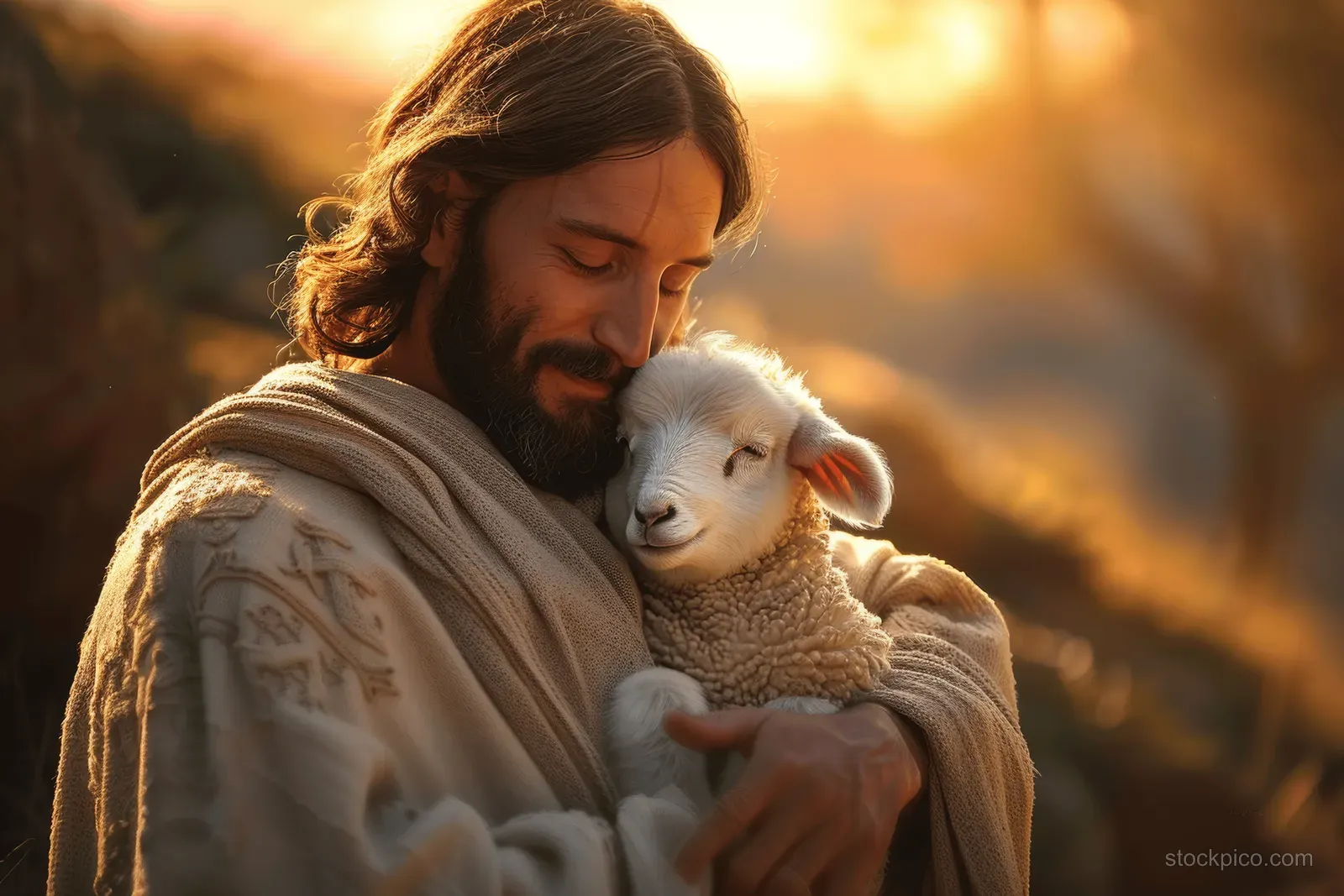 A robed shepherd holds a lamb at sunrise with warm golden light and a softly blurred pasture background.