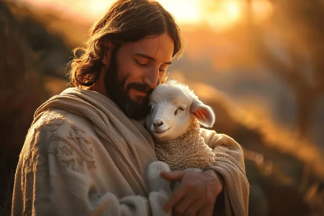 Jesus holding a lamb tenderly in sunrise light, soft golden pasture background