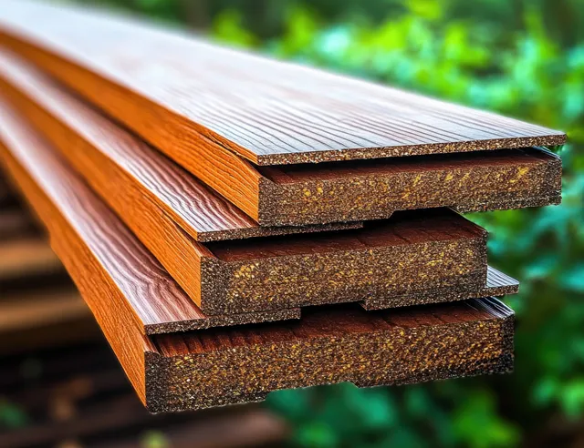 Stacked wooden planks with rough textured ends photographed in warm light against a blurred green background.