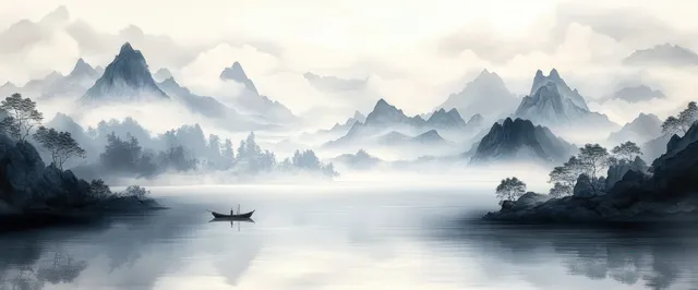 Misty monochrome mountain landscape with tranquil lake and small boat at sunrise