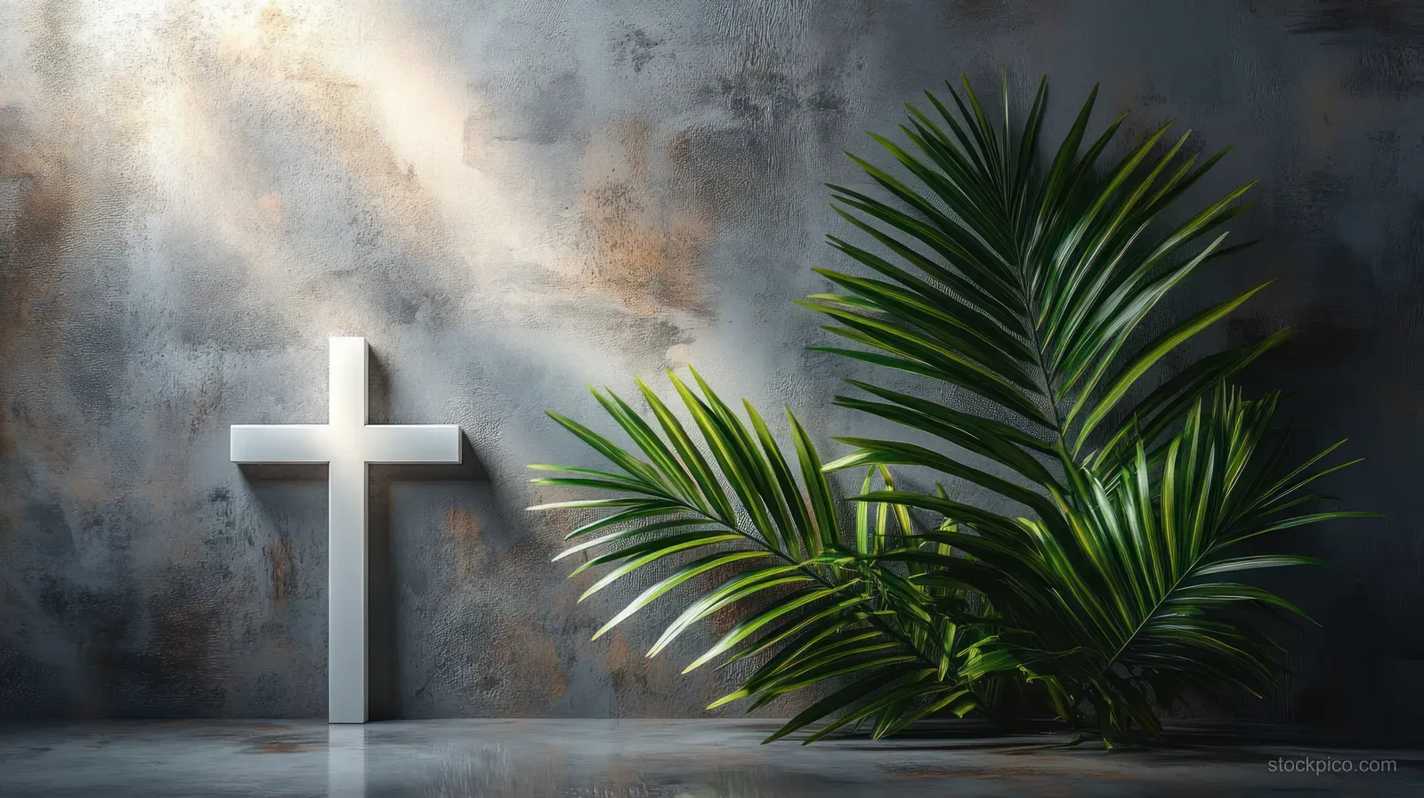 A white cross against a textured concrete wall with palm leaves and sunlight casting soft shadows.