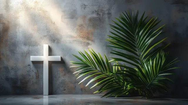 White cross on textured concrete wall with palm leaves and sunlit shadows