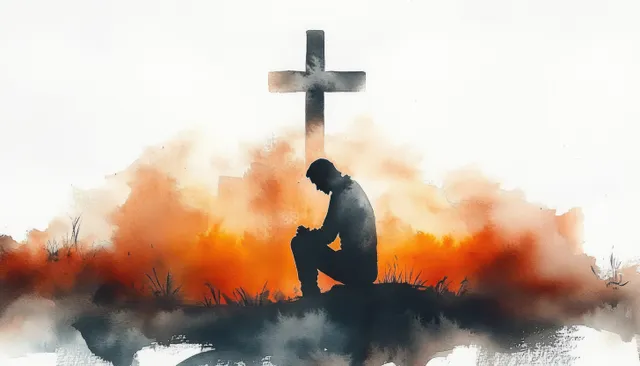 A kneeling praying silhouette faces a tall cross while misty orange clouds glow behind.