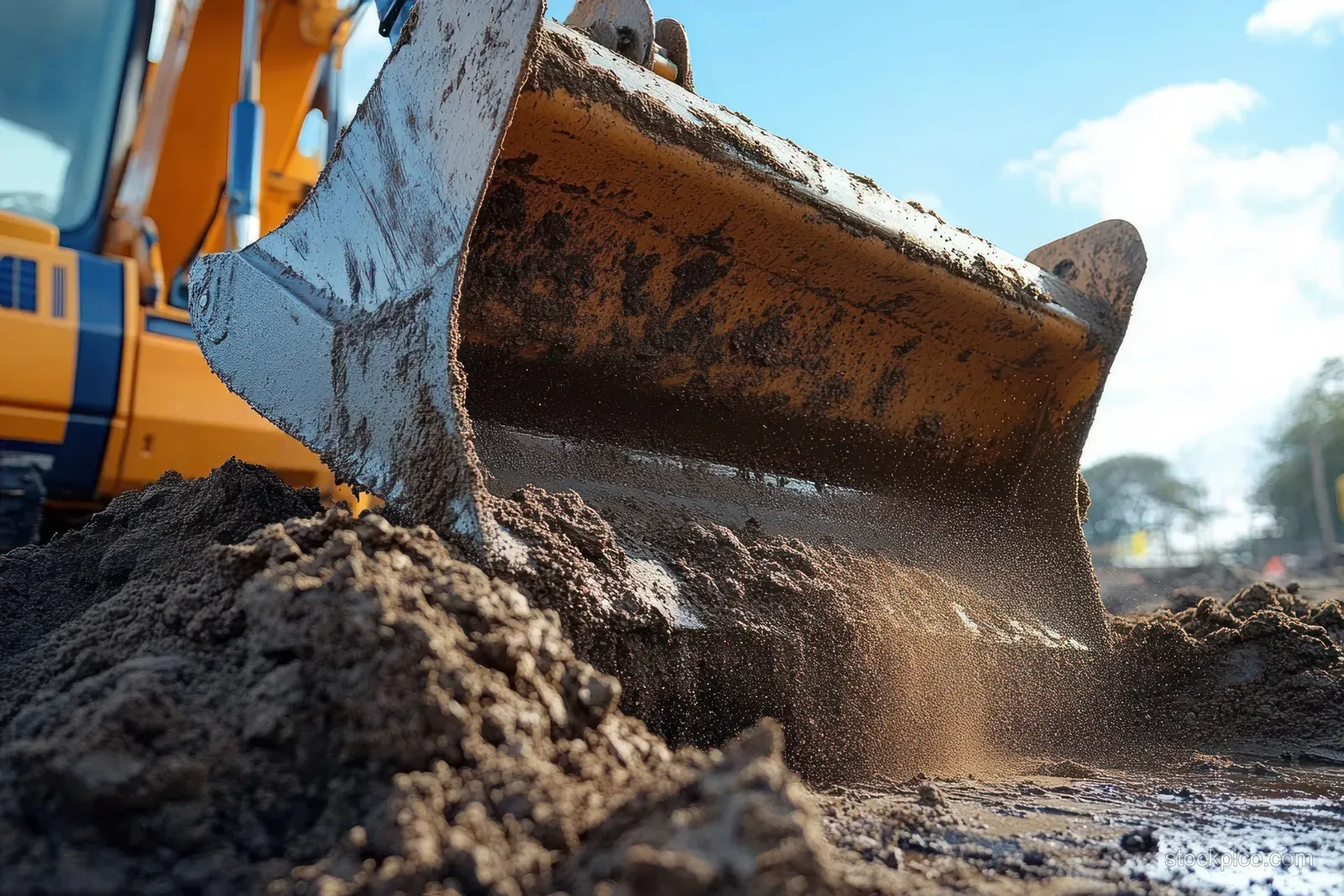 Bulldozer bucket lifts dark dirt on an outdoor construction site under bright sunlight with sharp shadows.