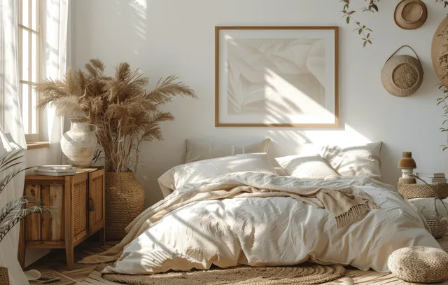 Boho bedroom with a beige made bed, framed artwork, wicker decor, and sunlight on parquet flooring.