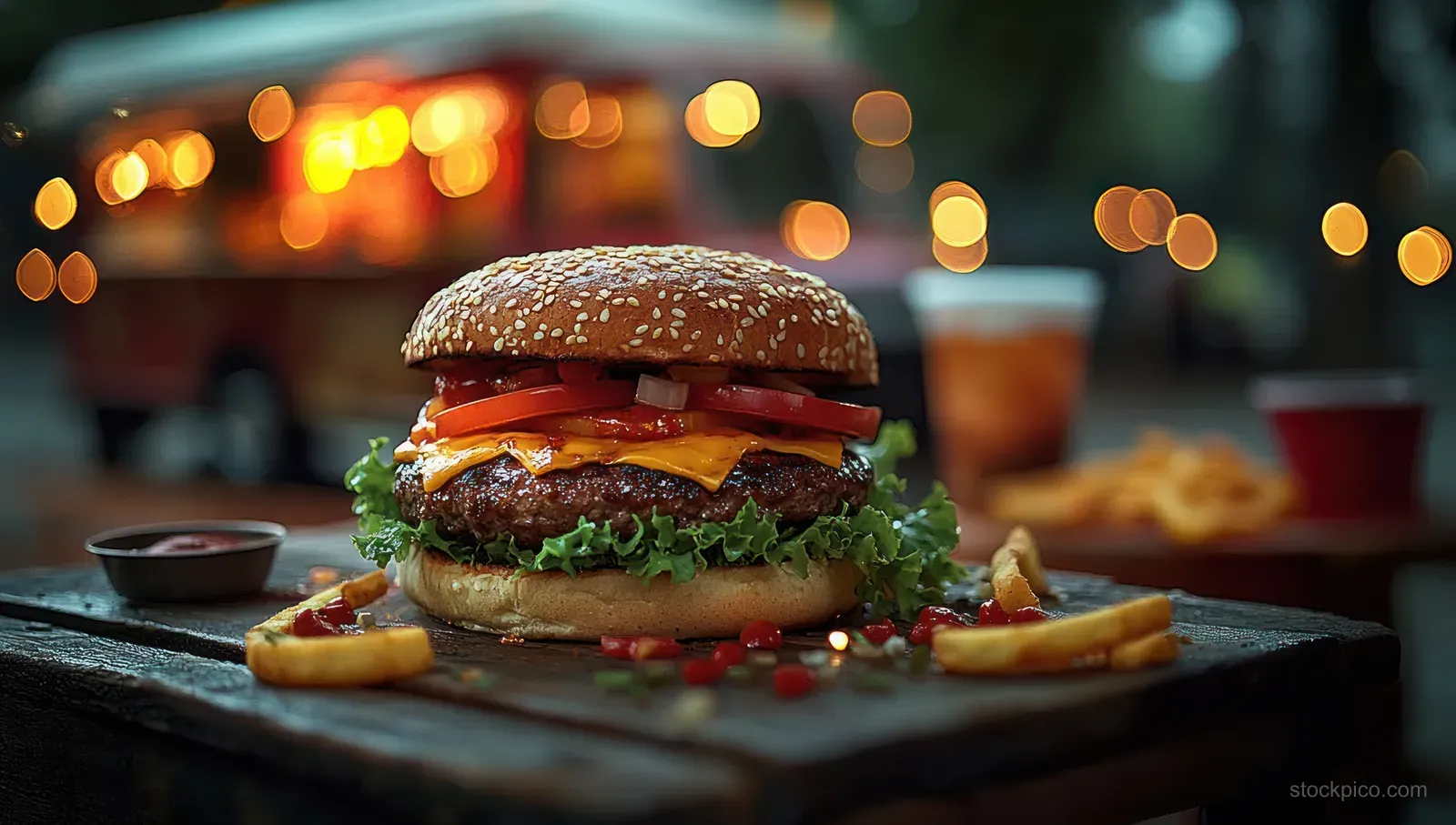 Gourmet burger on a food truck serving surface with warm evening bokeh lights and scattered fries nearby.