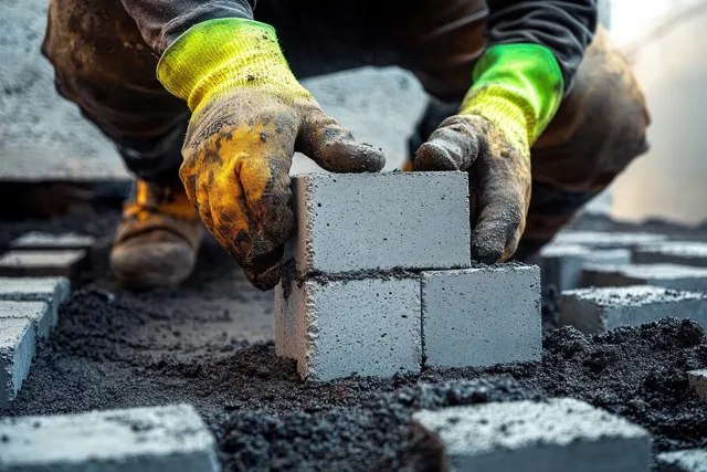 A kneeling worker in dirty gloves places grey concrete blocks on dark gravel during masonry construction.