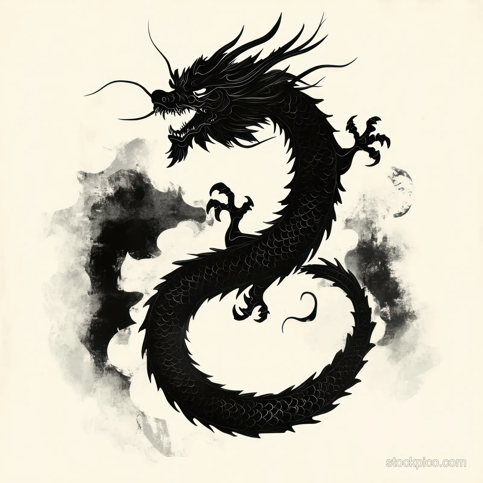 Black dragon curled in an S shape with fierce face and claws over a textured gray and beige ink background.