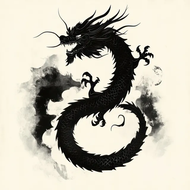 Black dragon curled in an S shape with fierce face and claws over a textured gray and beige ink background.