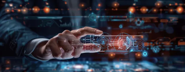 Analyst hands over holographic AI network map on digital server rack background