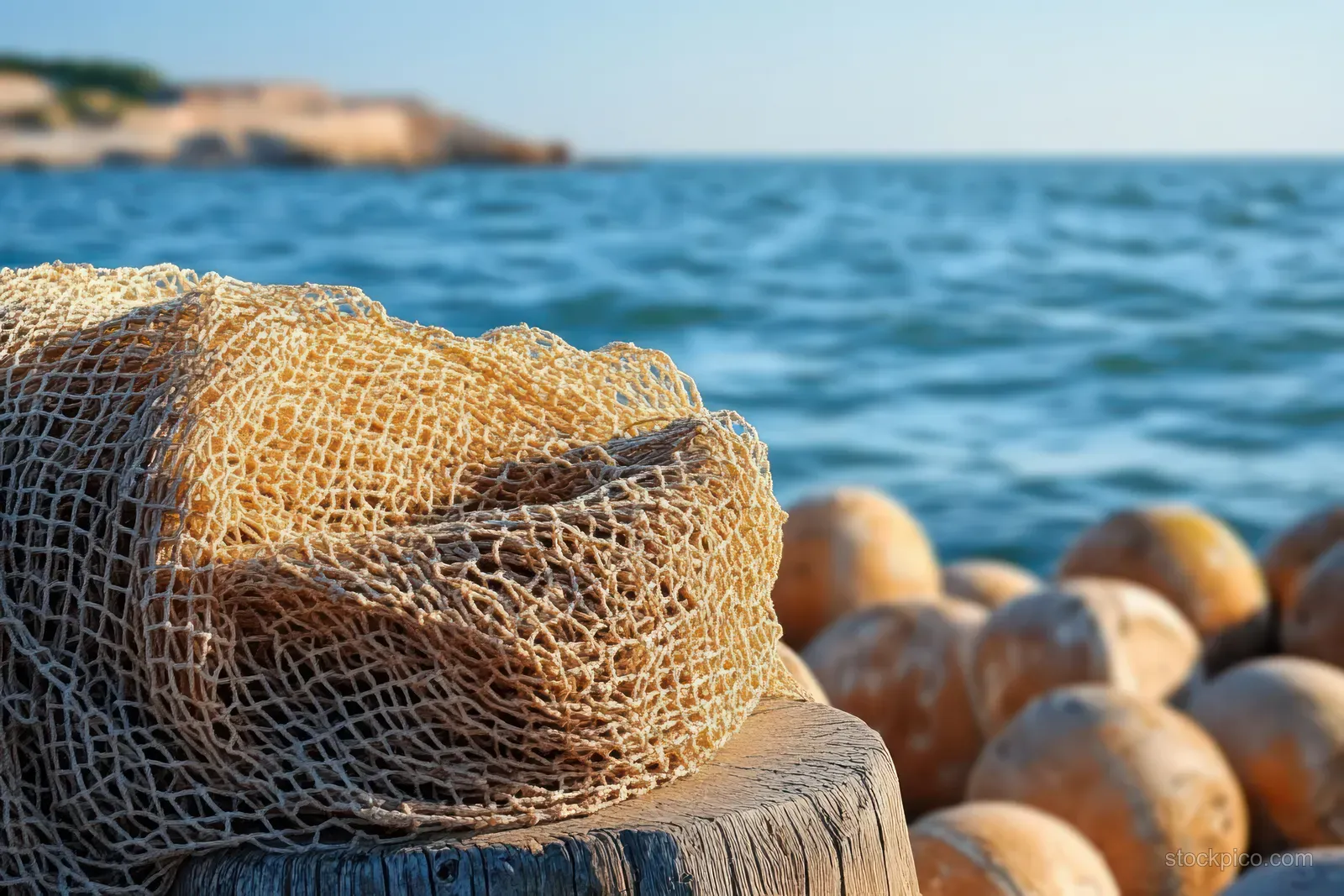 Fishing net wrapped around weathered wooden buoys by a calm blue ocean horizon.