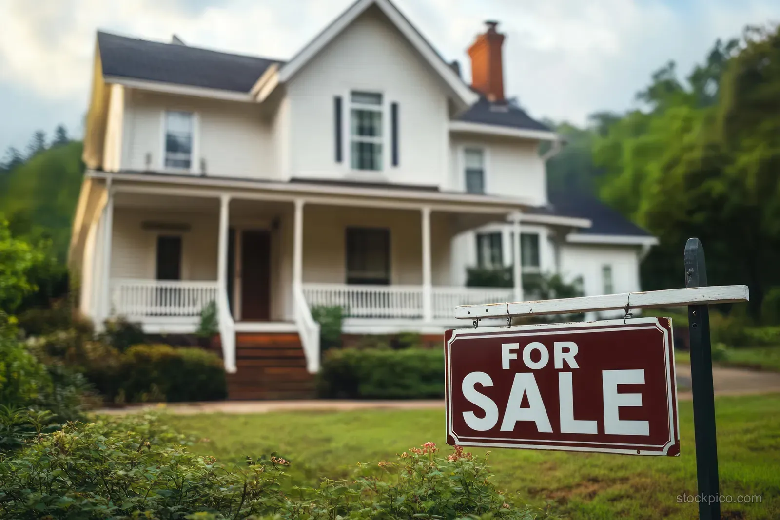 White two-story house with front porch and wooden steps, greenery around it, and a FOR SALE sign in the yard.
