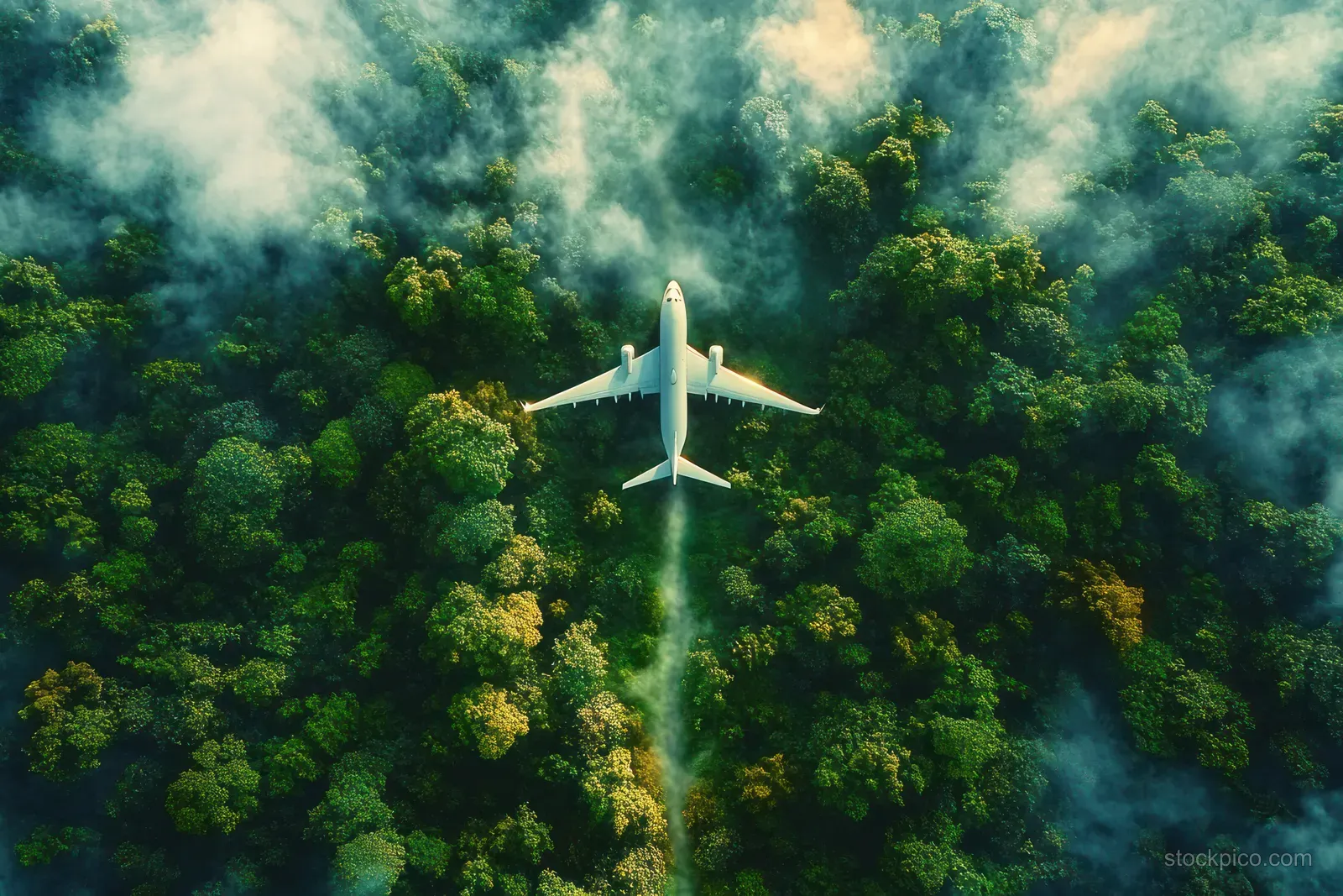 A white airplane soars above a misty green forest, surrounded by tree canopies and drifting clouds.
