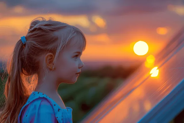 Young girl watching solar panels at sunset, warm golden light over rooftops